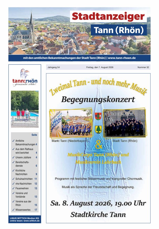 Stadtanzeiger Tann (Rhön) Titelblatt 32/2026