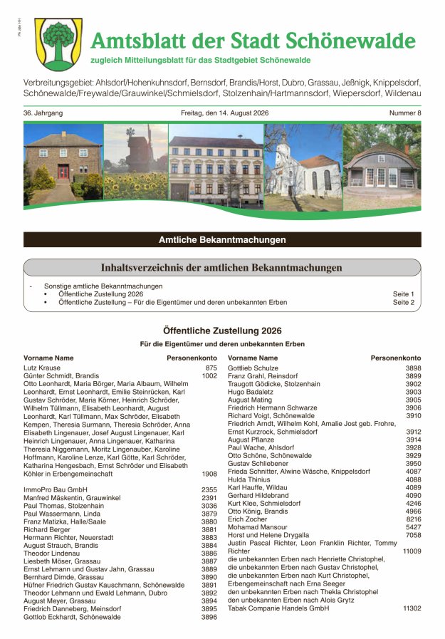 Amtsblatt der Stadt Schönewalde - Mitteilungsblatt für das Stadtgebiet Titelblatt 08/2026