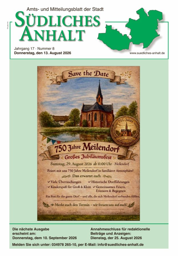 Amts- und Mitteilungsblatt der Stadt Südliches Anhalt Titelblatt 08/2026