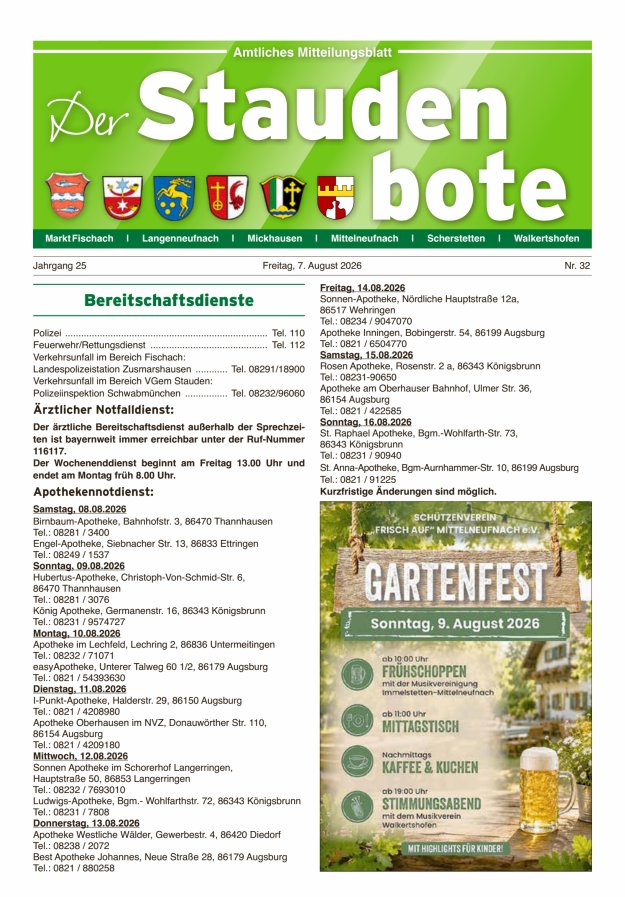 Staudenbote Amtliches Mitteilungsblatt Titelblatt 32/2026