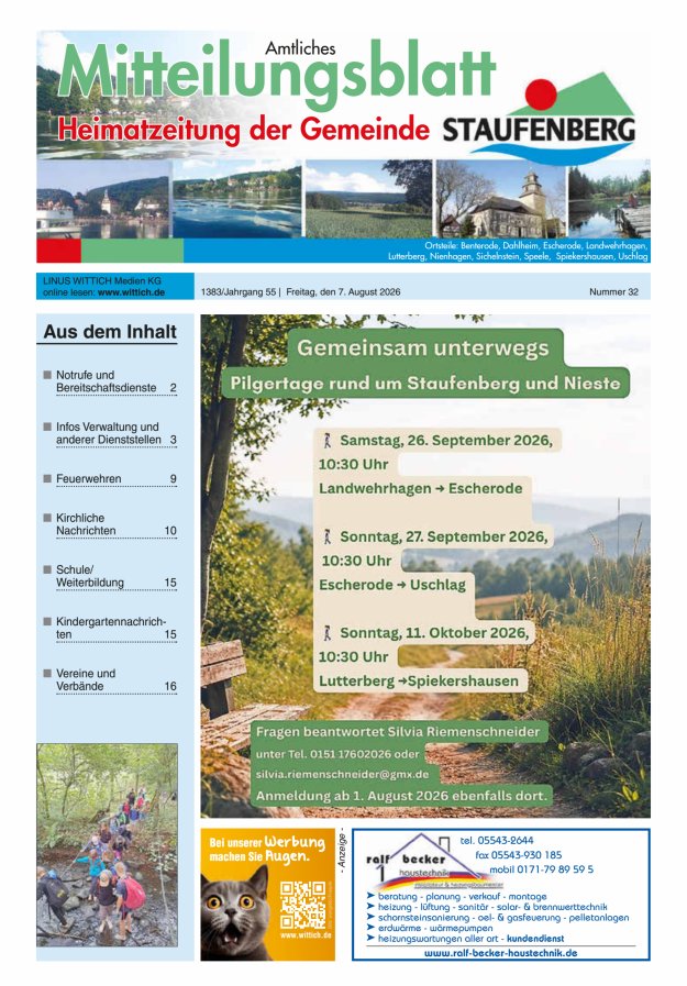 Heimatzeitung der Gemeinde Staufenberg Titelblatt 32/2026
