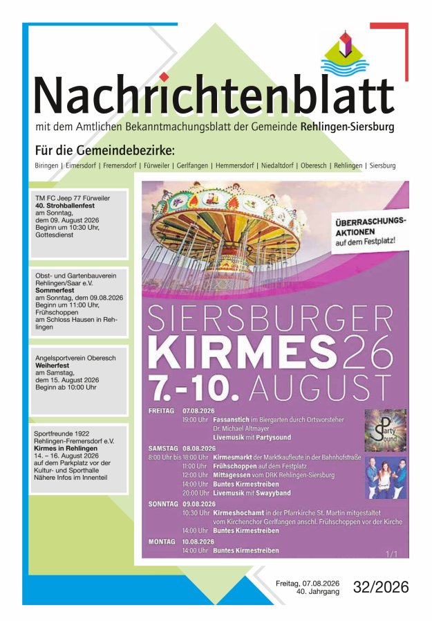Nachrichtenblatt Rehlingen-Siersburg Titelblatt 32/2026