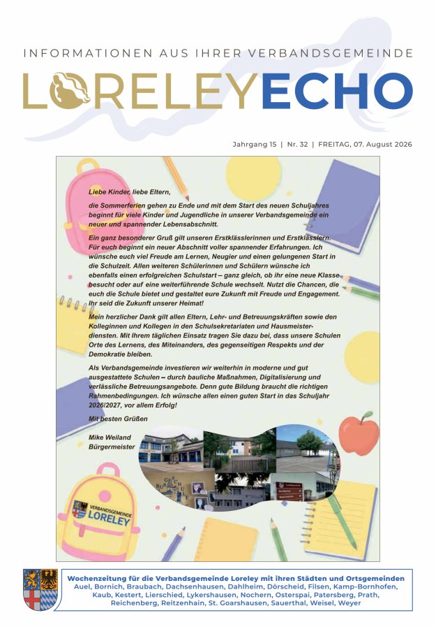 Loreley-Echo - Mitteilungsblatt der Verbandsgemeinde Loreley Titelblatt 32/2026