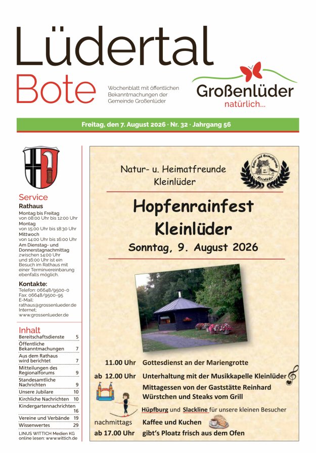 Wochenblatt mit öffentlichen Bekanntmachungen der Gemeinde Großenlüder Titelblatt 32/2026