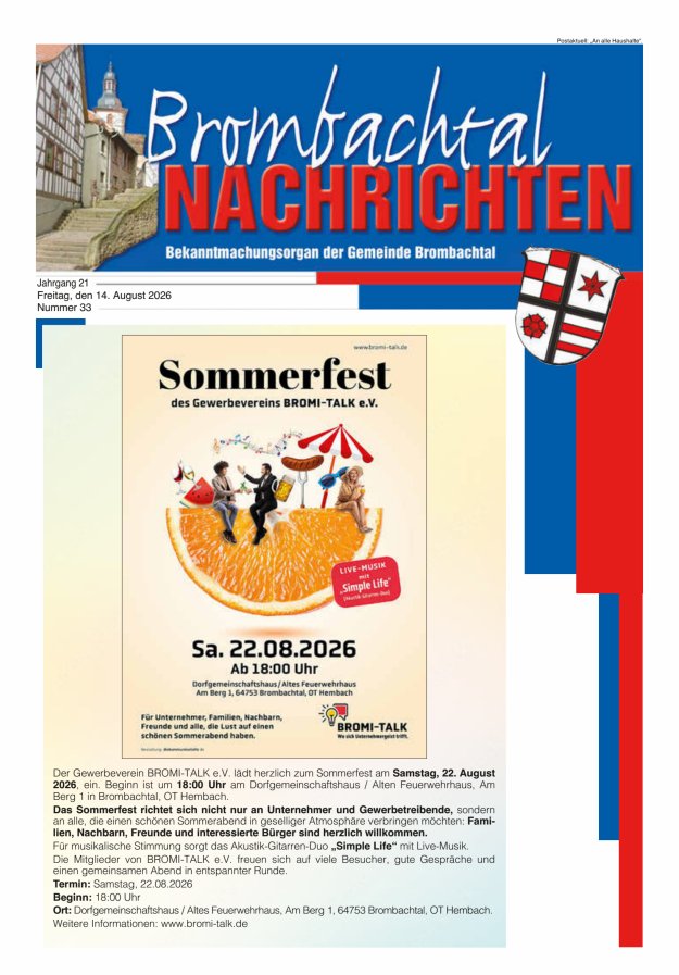 Brombachtal-Nachrichten Amtsblatt der Gemeinde Brombachtal Titelblatt 33/2026