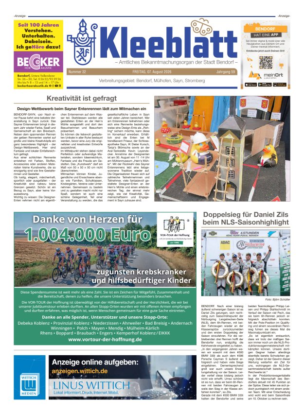 Kleeblatt - Amtliches Bekanntmachungsorgan der Stadt Bendorf Titelblatt 32/2026