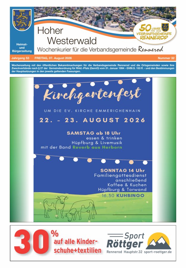 Hoher Westerwald - Wochenkurier für die Verbandsgemeinde Rennerod Titelblatt 32/2026