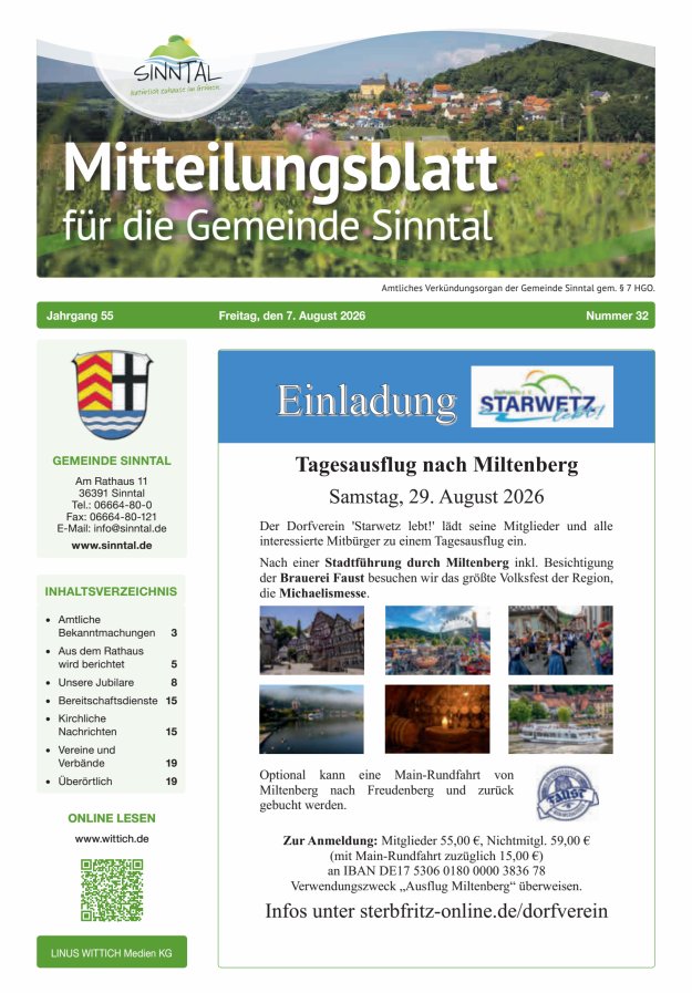 Mitteilungsblatt für die Gemeinde Sinntal Titelblatt 32/2026