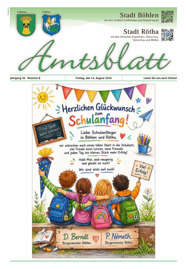 Amtsblatt der Städte Böhlen und Rötha Titelblatt 08/2026