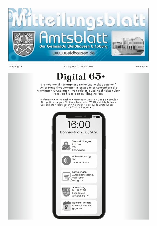 Mitteilungsblatt - Amtsblatt der Gemeinde Weidhausen b Coburg Titelblatt 32/2026