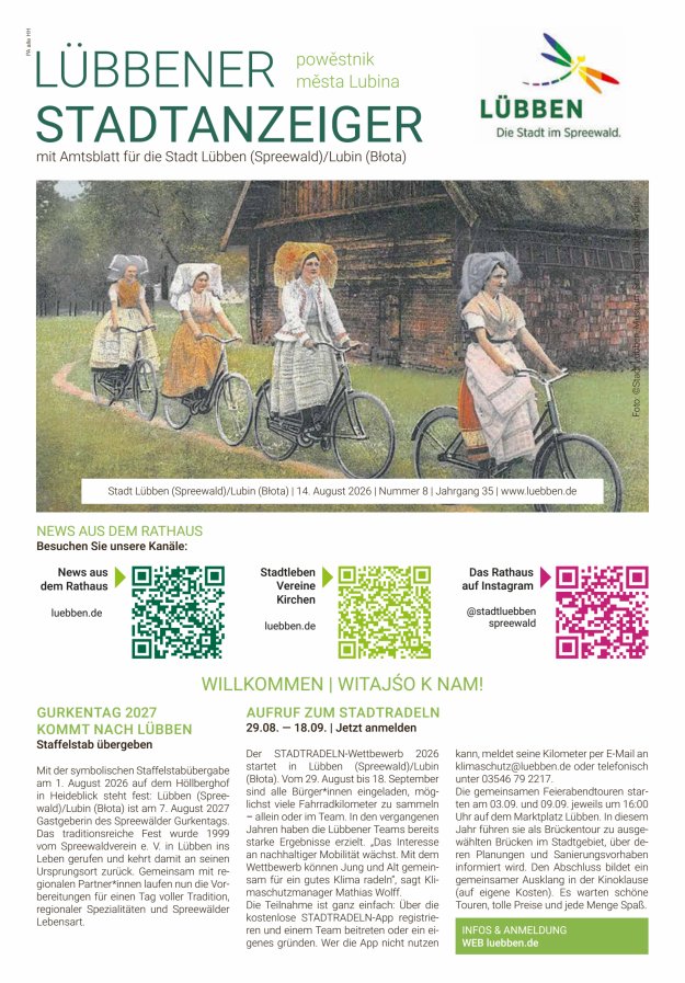 Lübbener Stadtanzeiger mit Amtsblatt für die Stadt Lübben (Spreewald) Titelblatt 08/2026