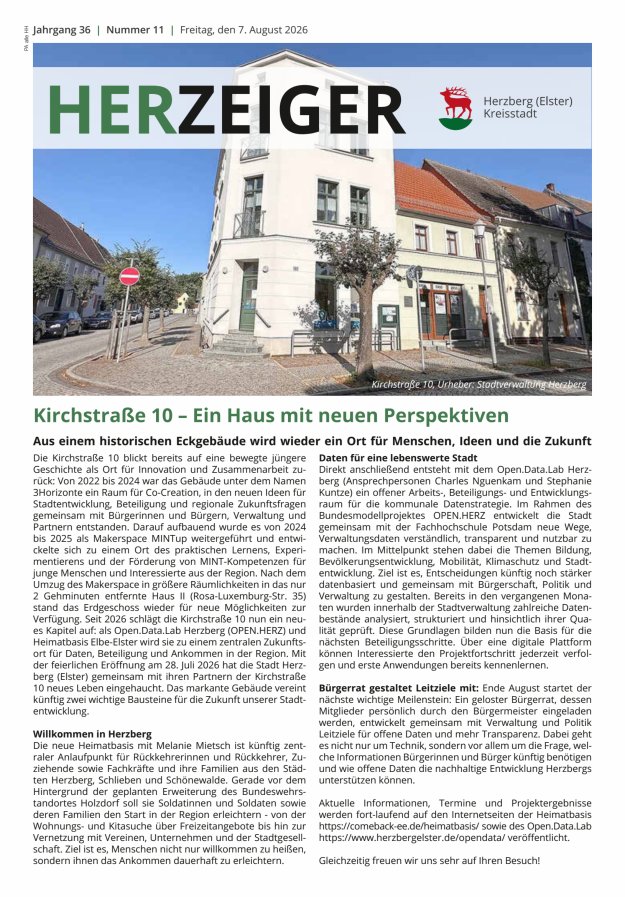 Amtsblatt für die Stadt Herzberg (Elster) mit Bekanntmachungen der Stadt  Titelblatt 11/2026