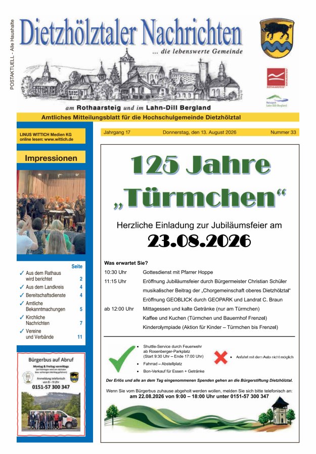 Dietzhölztaler Nachrichten Titelblatt 33/2026
