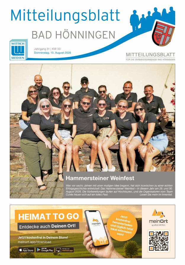 Mitteilungsblatt für den Bereich der Verbandsgemeinde Bad Hönningen Titelblatt 33/2026