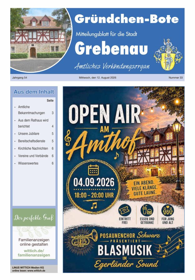 Grebenau - Gründchen Bote - Mitteilungsblatt für die Stadt Grebenau Titelblatt 33/2026