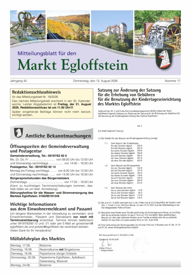 Mitteilungsblatt für den Markt Egloffstein Titelblatt 17/2026