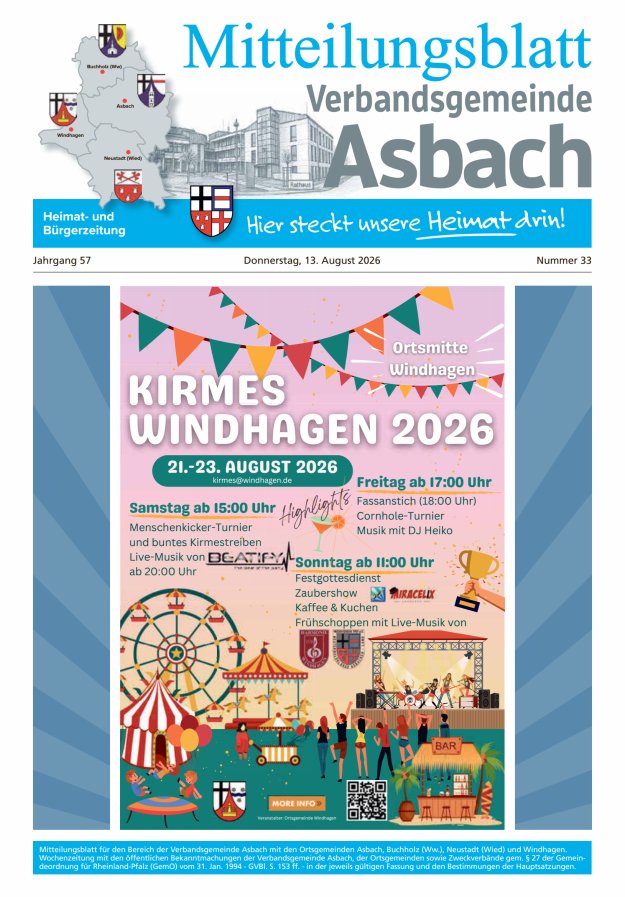Mitteilungsblatt Verbandsgemeinde Asbach Titelblatt 33/2026