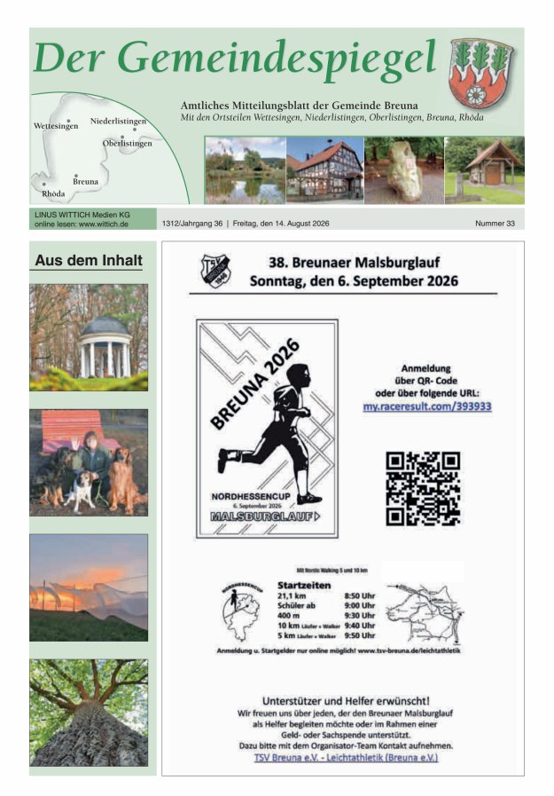 Der Gemeindespiegel (Breuna) Titelblatt 33/2026