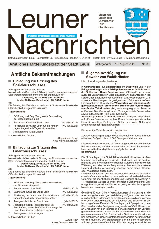 Leuner Nachrichten Titelblatt 33/2026