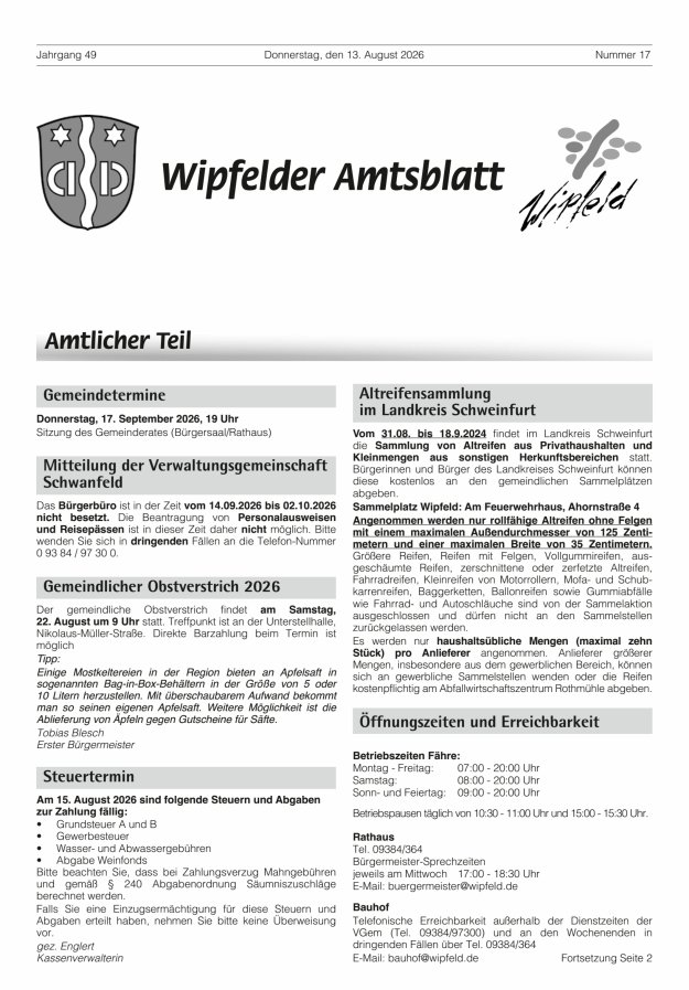 Wipfelder Amtsblatt Titelblatt 17/2026