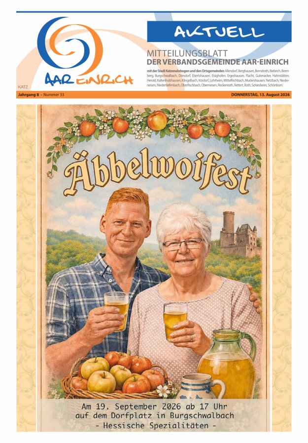 Mitteilungsblatt der Verbandsgemeinde Aar-Einrich Ausgabe Katzenelnbogen Titelblatt 32/2026