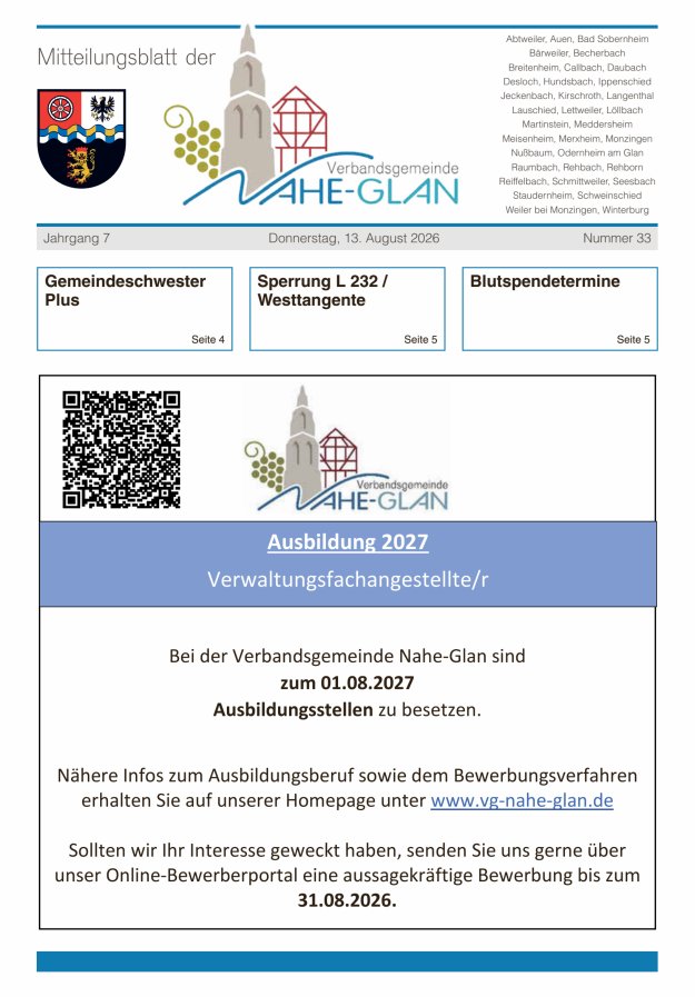 Mitteilungsblatt für die Verbandsgemeinde Nahe-Glan Titelblatt 33/2026