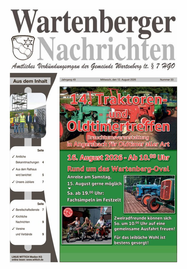 Wartenberger Nachrichten Titelblatt 33/2026