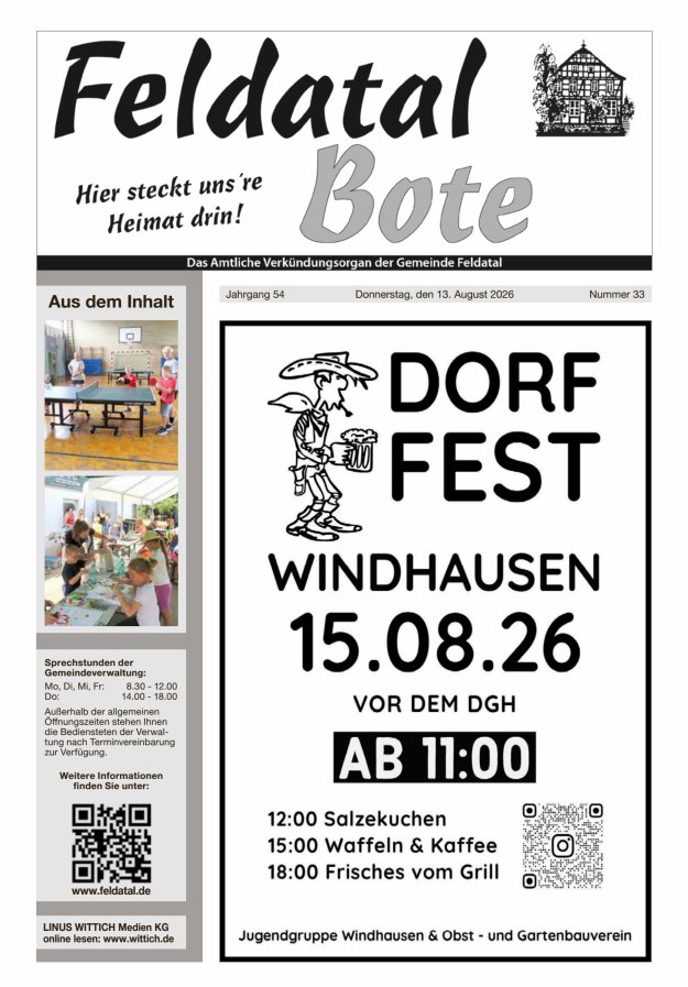 Das Amtliche Verkündungsorgan der Gemeinde Feldatal Titelblatt 33/2026
