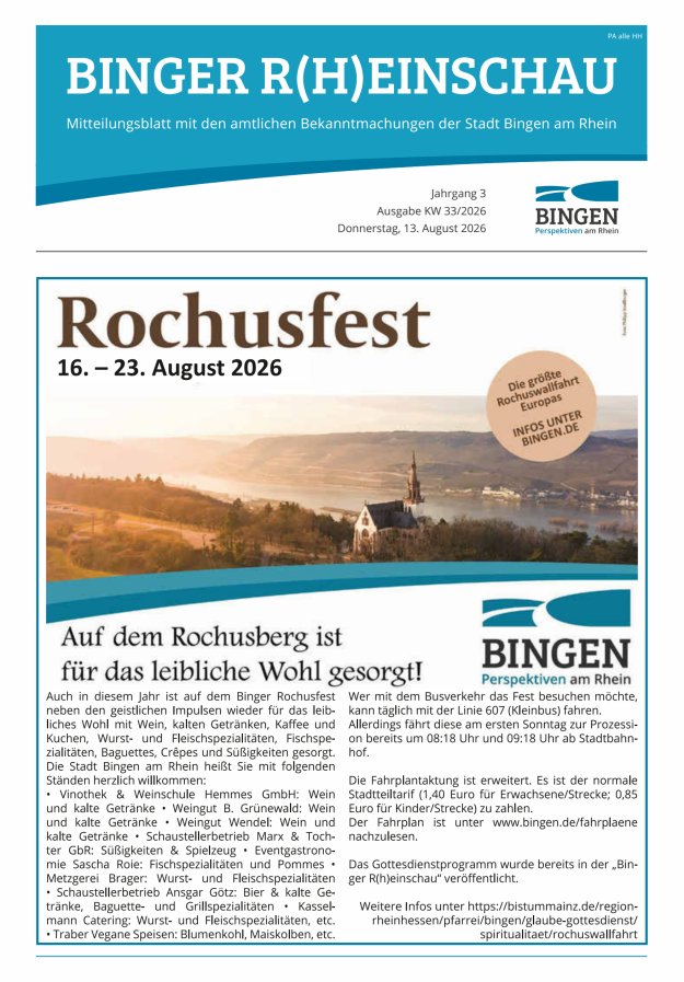 Binger R(h)einschau - Mitteilungsblatt mit den Amtlichen Bekanntmachungen der Stadt Bingen Titelblatt 33/2026