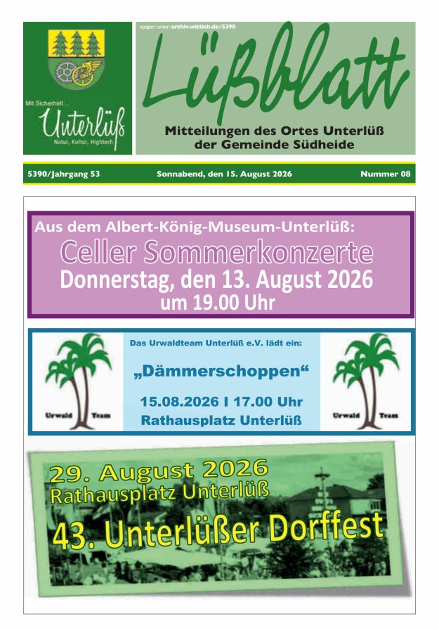 Mitteilungsblatt der Gemeinde Unterlüß Titelblatt 08/2026