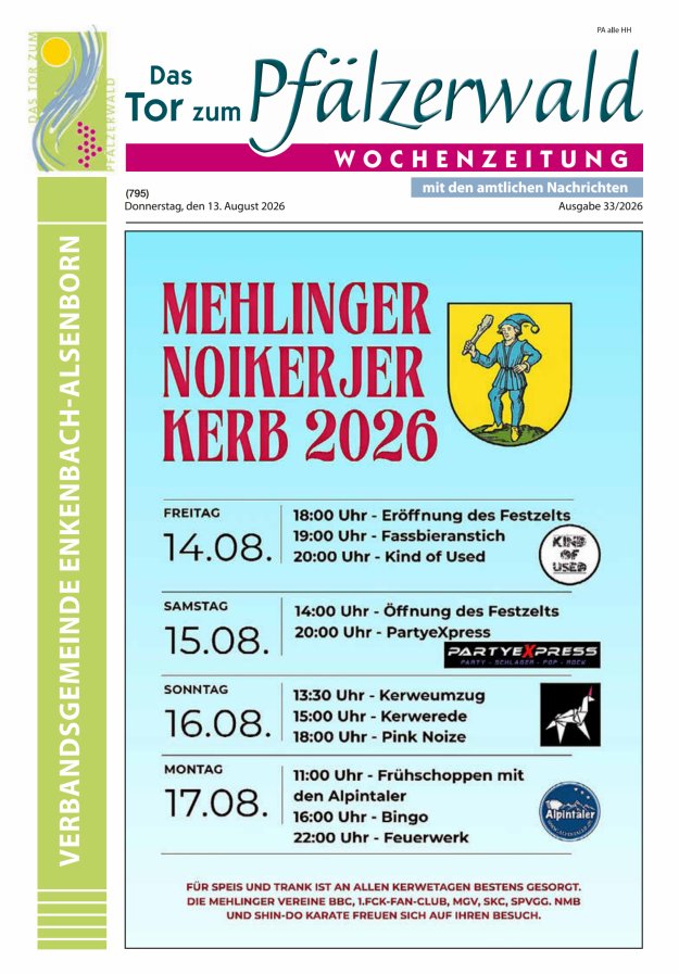 Das Tor zum Pfälzer Wald - VG Enkenbach-Alsenborn Titelblatt 33/2026