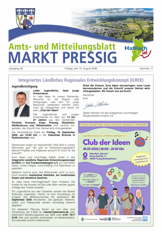 Amtsblatt für den Markt Pressig mit den Gemeindeteilen Titelblatt 17/2026