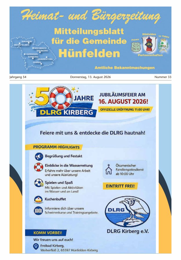 Mitteilungsblatt für die Gemeinde Hünfelden Titelblatt 33/2026