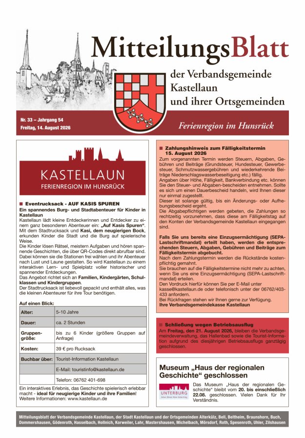 Mitteilungsblatt Kastellaun Titelblatt 33/2026