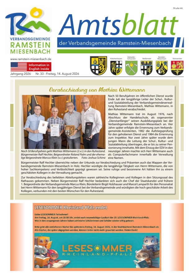 Amtsblatt VG Ramstein-Miesenbach Titelblatt 33/2026