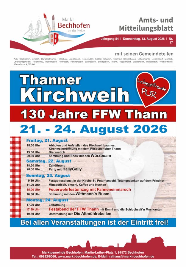 Amts- und Mitteilungsblatt für den Markt Bechhofen Titelblatt 17/2026