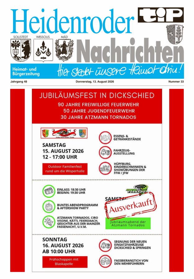 "tip" Heidenroder Nachrichten Titelblatt 33/2026
