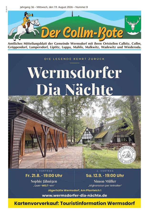 Collm-Bote – Amtliches Mitteilungsblatt der Gemeinde Wermsdorf mit ihren Ortsteilen Titelblatt 08/2026