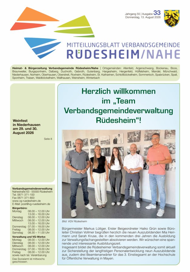 Mitteilungsblatt Verbandsgemeinde Rüdesheim und zugehörige Ortsgemeinden Titelblatt 33/2026
