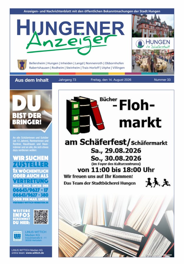 Anzeigen- und Nachrichtenblatt mit den öff  Bekanntmachungen der Stadt Hungen Titelblatt 33/2026