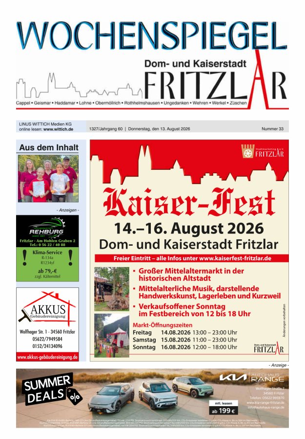 Wochenspiegel Dom- und Kaiserstadt Fritzlar Titelblatt 33/2026