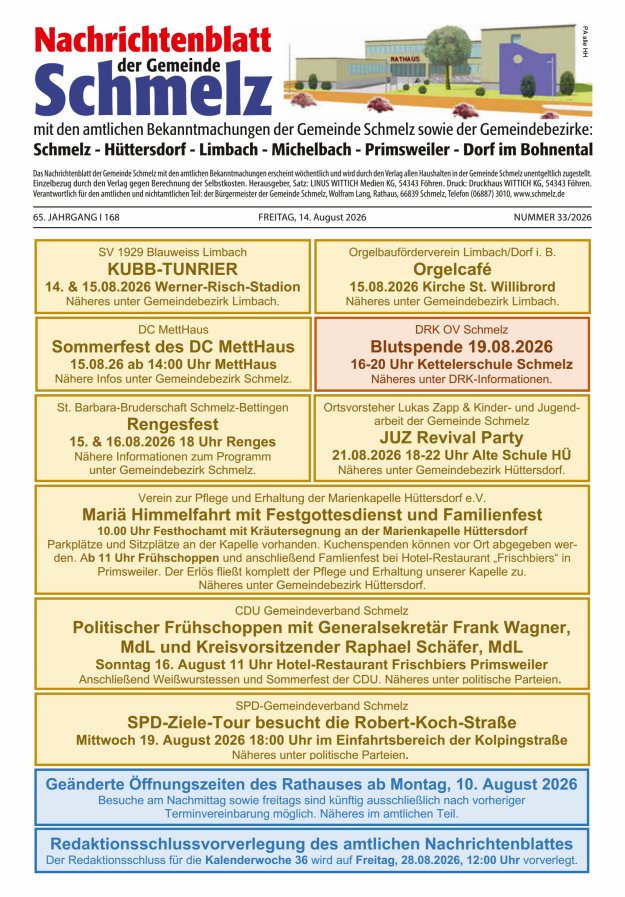 Nachrichtenblatt Schmelz Titelblatt 33/2026