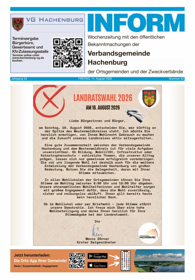 INFORM - Wochenzeitung der Verbandsgemeinde Hachenburg Titelblatt 33/2026