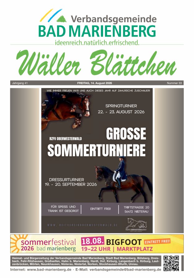 Wäller Blättchen - Verbandsgemeinde Bad Marienberg Titelblatt 33/2026