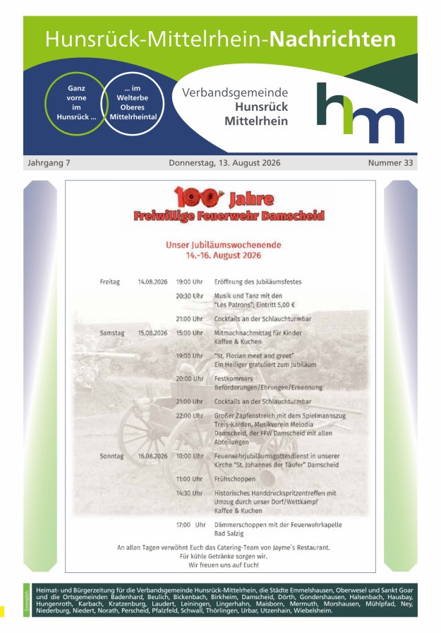 Hunsrück-Mittelrhein Nachrichten Ausgabe Emmelshausen Titelblatt 33/2026
