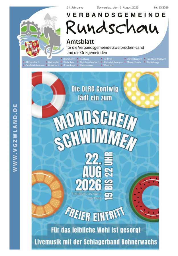 Verbandsgemeinde Rundschau Zweibrücken-Land Titelblatt 33/2026