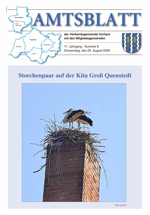 Amtblatt der Verbandsgemeinde Vorharz mit den Mitgliedsgemeinden Titelblatt 08/2026
