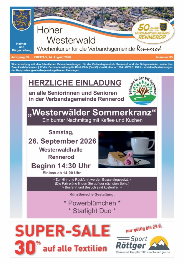 Hoher Westerwald - Wochenkurier für die Verbandsgemeinde Rennerod Titelblatt 33/2026