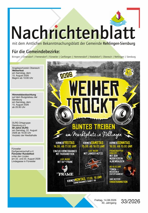 Nachrichtenblatt Rehlingen-Siersburg Titelblatt 33/2026