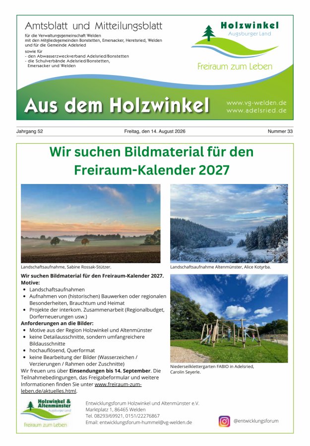 Aus dem Holzwinkel Amtsblatt u Mitteilungsblatt f VG Welden u GemAdelsried Titelblatt 33/2026